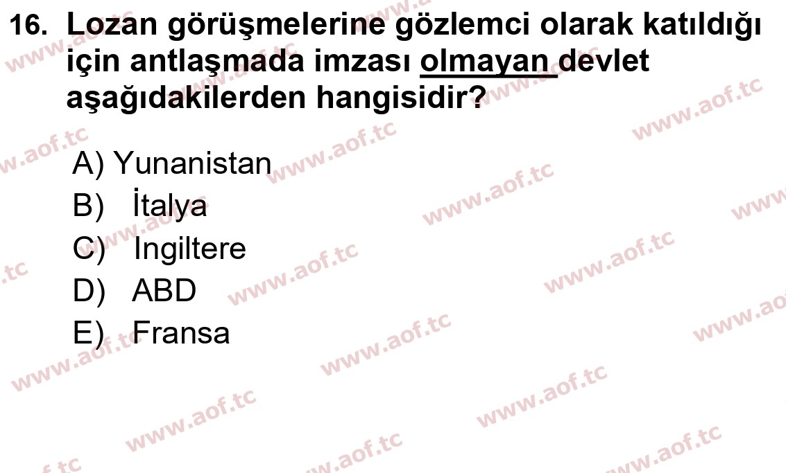 2018 Atatürk İlkeleri ve İnkılap Tarihi 1 Yaz Okulu 16. Çıkmış Sınav Sorusu