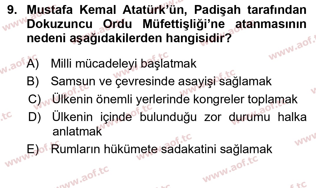 2018 Atatürk İlkeleri ve İnkılap Tarihi 1 Yaz Okulu 9. Çıkmış Sınav Sorusu