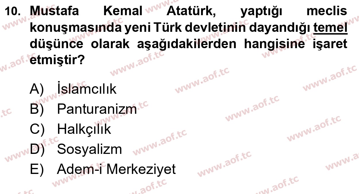 2019 Atatürk İlkeleri ve İnkılap Tarihi 1 Yaz Okulu 10. Çıkmış Sınav Sorusu