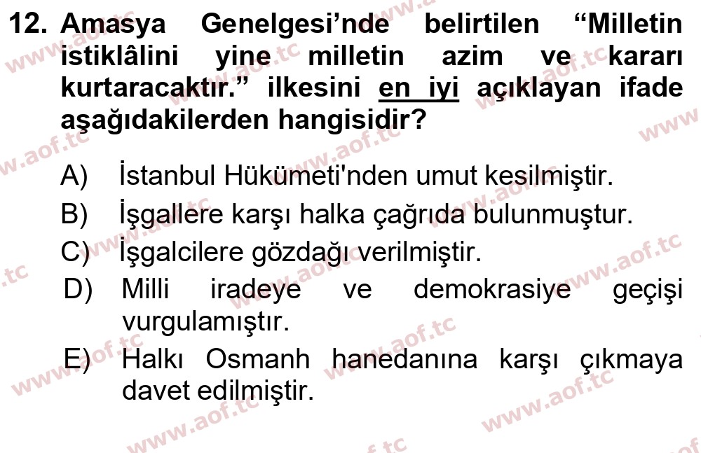 2019 Atatürk İlkeleri ve İnkılap Tarihi 1 Yaz Okulu 12. Çıkmış Sınav Sorusu