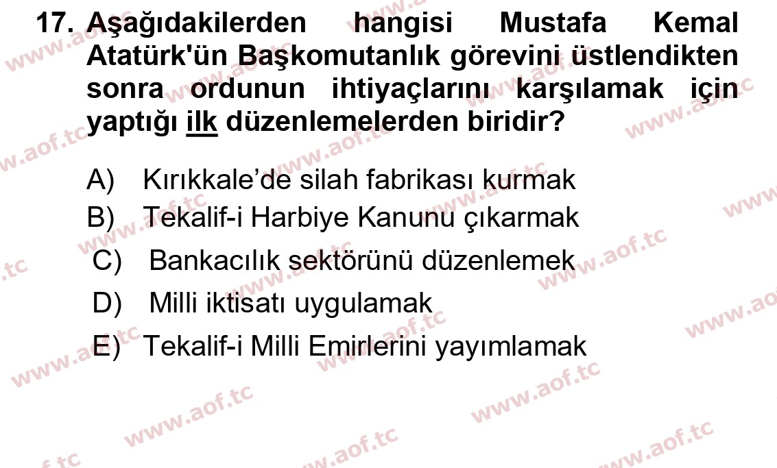 2019 Atatürk İlkeleri ve İnkılap Tarihi 1 Yaz Okulu 17. Çıkmış Sınav Sorusu
