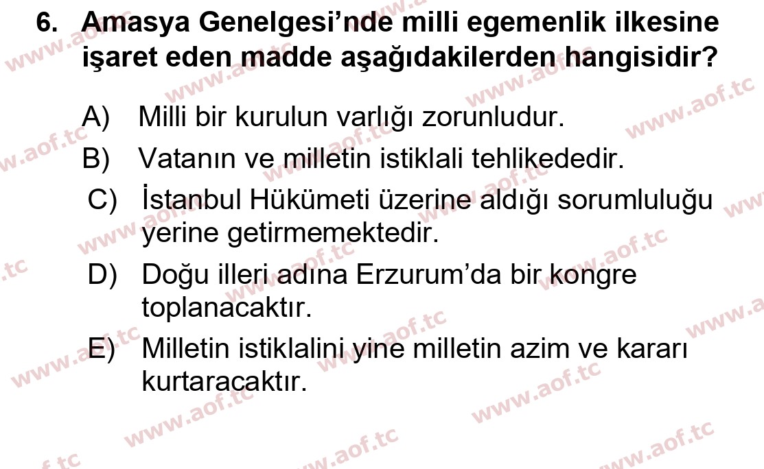 2020 Atatürk İlkeleri ve İnkılap Tarihi 1 Final 6. Çıkmış Sınav Sorusu