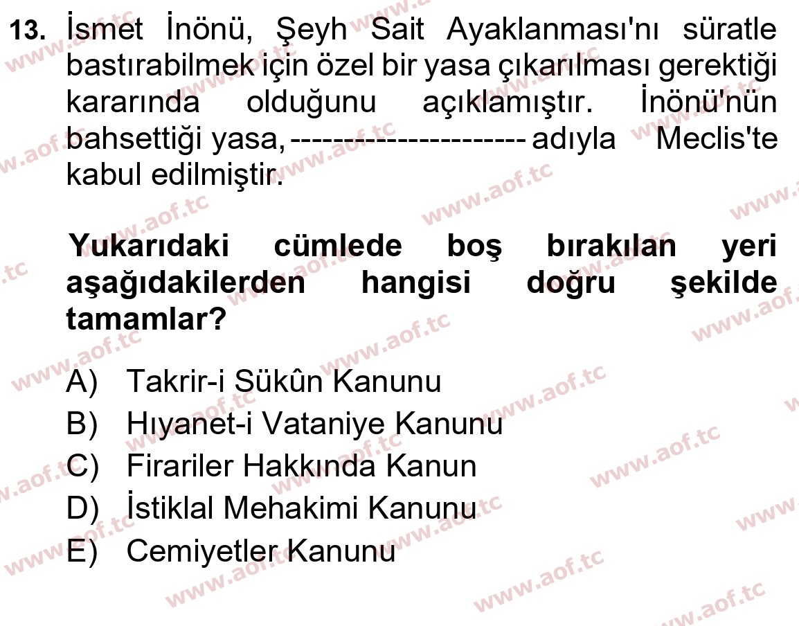2021 Atatürk İlkeleri ve İnkılap Tarihi 1 Yaz Okulu 13. Çıkmış Sınav Sorusu