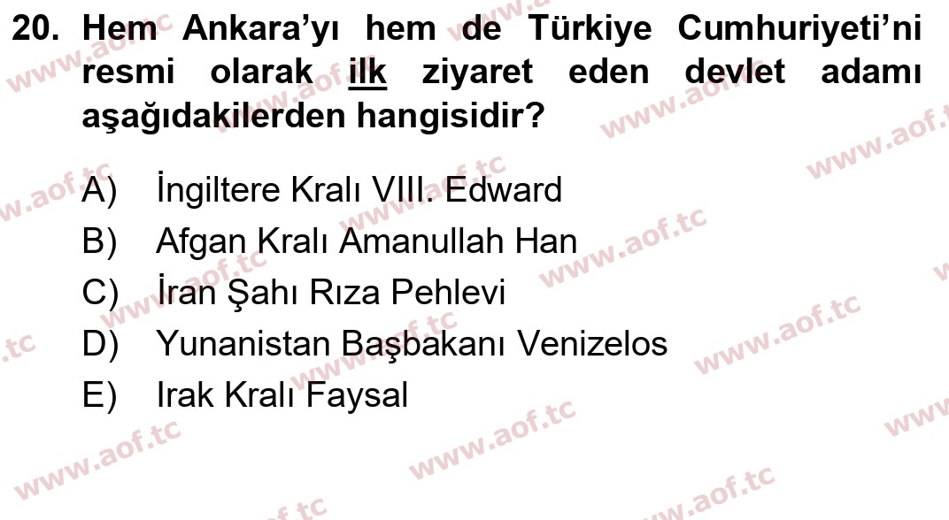 2021 Atatürk İlkeleri ve İnkılap Tarihi 1 Yaz Okulu 20. Çıkmış Sınav Sorusu