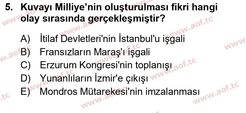 2021 Atatürk İlkeleri ve İnkılap Tarihi 1 Yaz Okulu 5. Çıkmış Sınav Sorusu