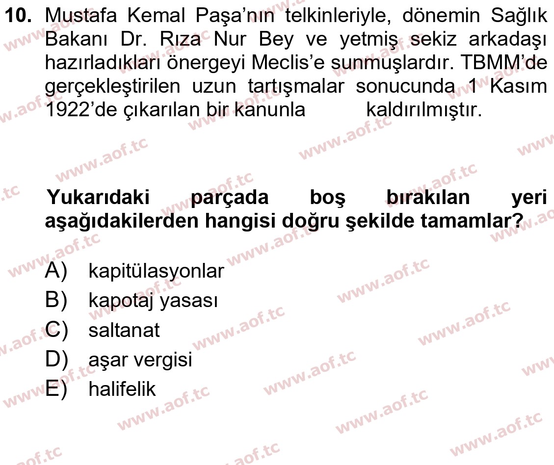2022 Atatürk İlkeleri ve İnkılap Tarihi 1 Final 10. Çıkmış Sınav Sorusu