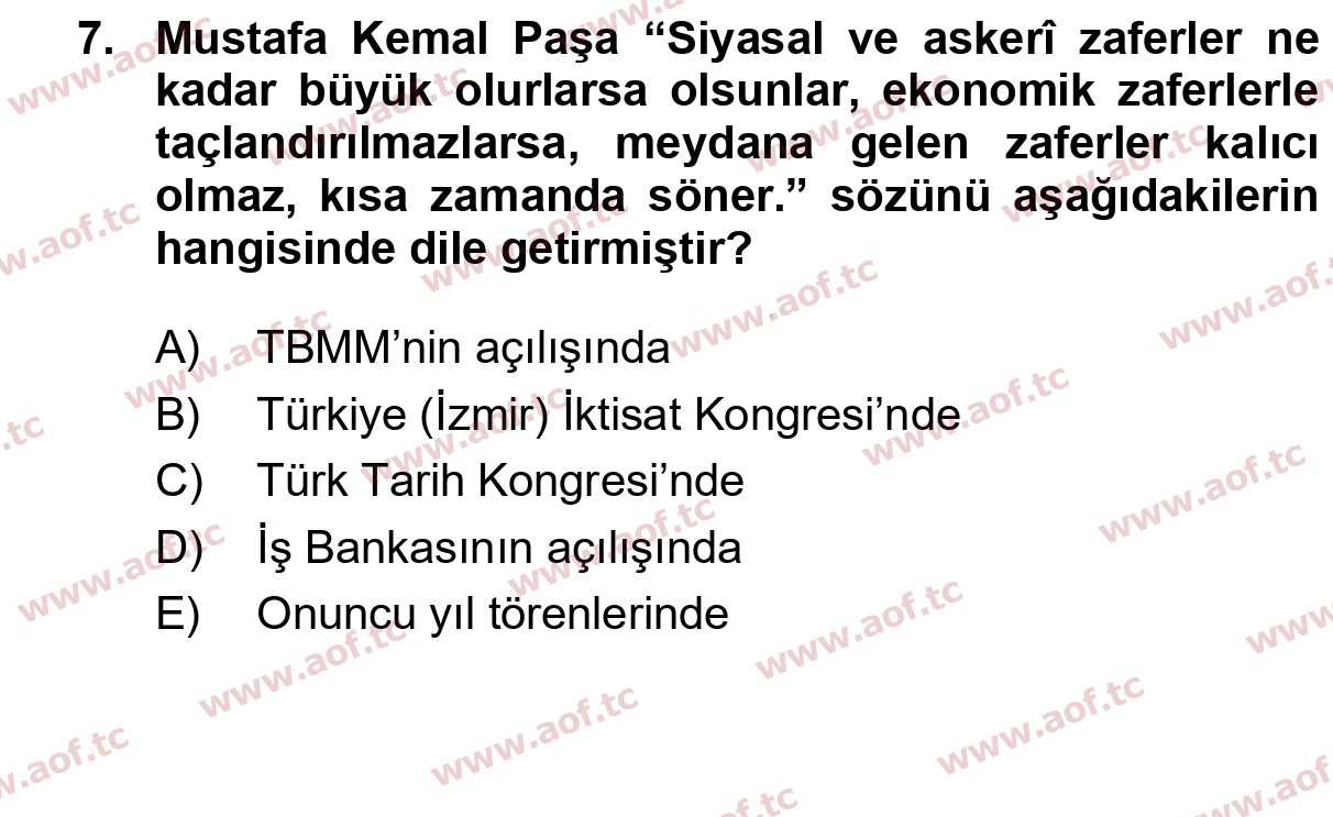2022 Atatürk İlkeleri ve İnkılap Tarihi 1 Final 7. Çıkmış Sınav Sorusu
