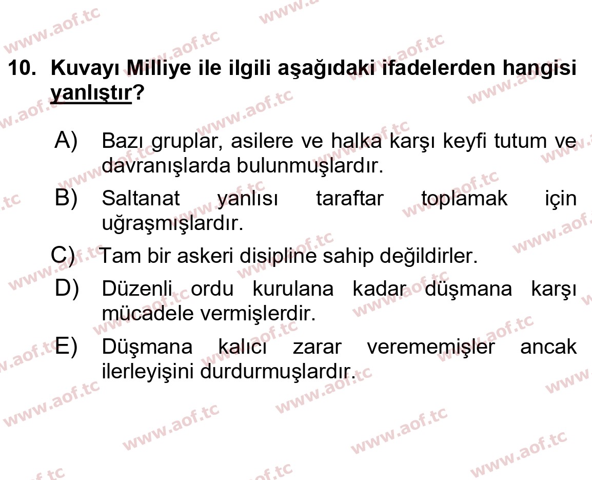 2022 Atatürk İlkeleri ve İnkılap Tarihi 1 Yaz Okulu 10. Çıkmış Sınav Sorusu