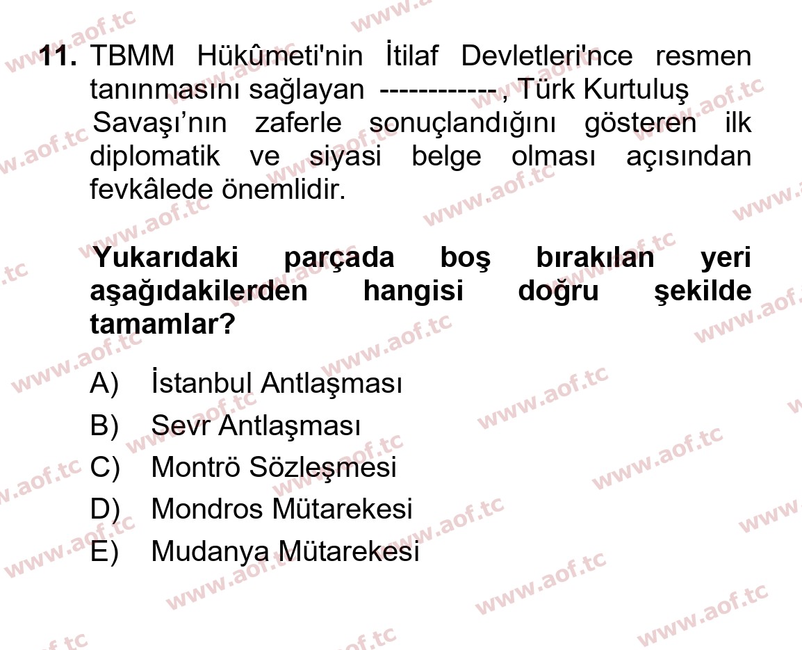 2022 Atatürk İlkeleri ve İnkılap Tarihi 1 Yaz Okulu 11. Çıkmış Sınav Sorusu