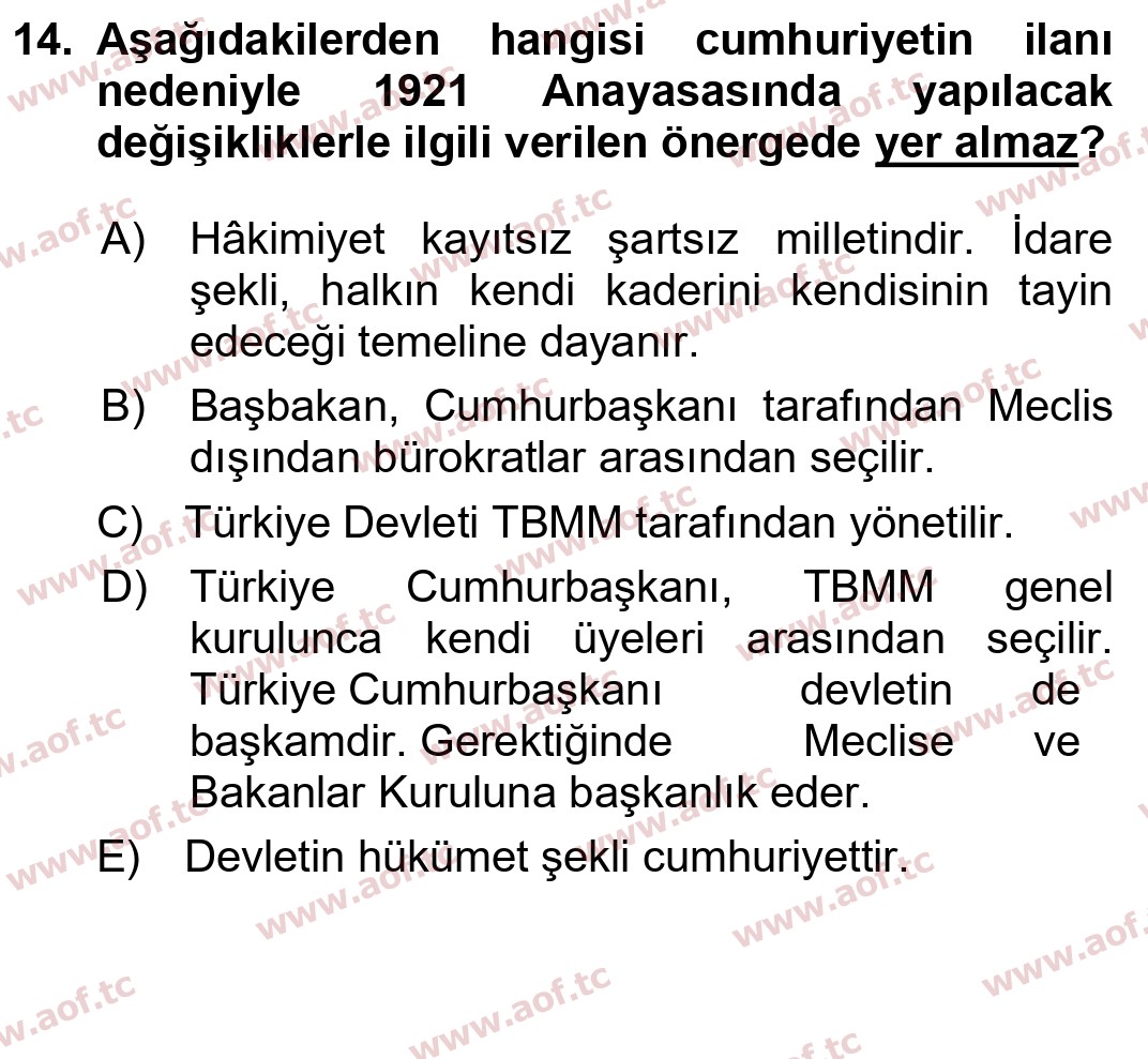2022 Atatürk İlkeleri ve İnkılap Tarihi 1 Yaz Okulu 14. Çıkmış Sınav Sorusu