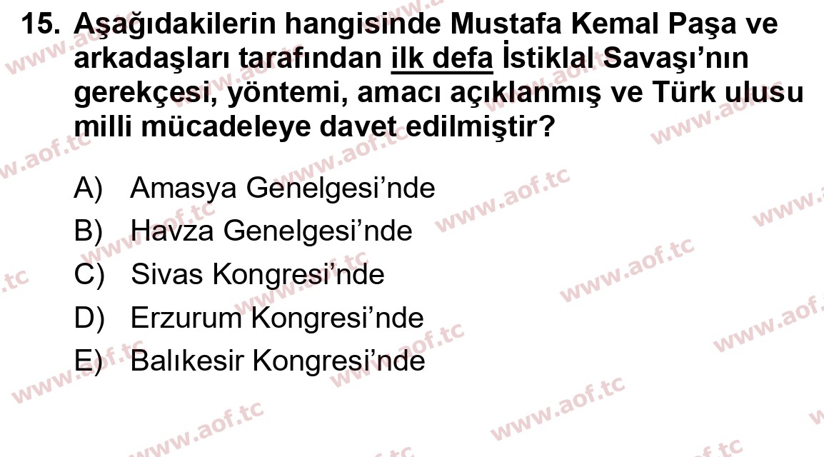 2022 Atatürk İlkeleri ve İnkılap Tarihi 1 Yaz Okulu 15. Çıkmış Sınav Sorusu