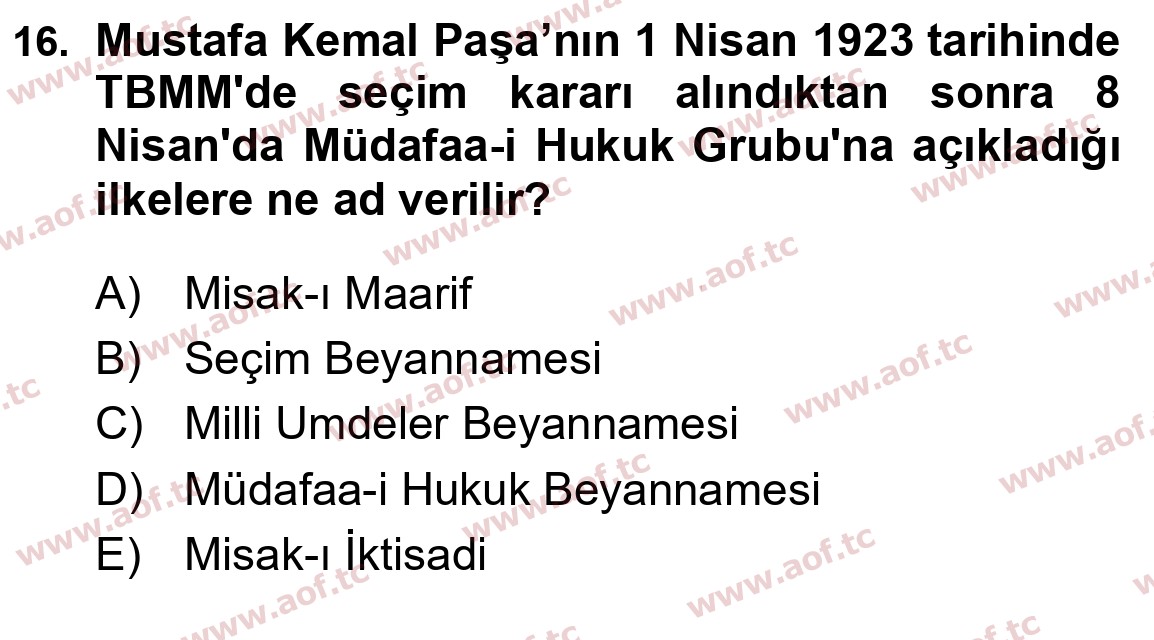 2022 Atatürk İlkeleri ve İnkılap Tarihi 1 Yaz Okulu 16. Çıkmış Sınav Sorusu