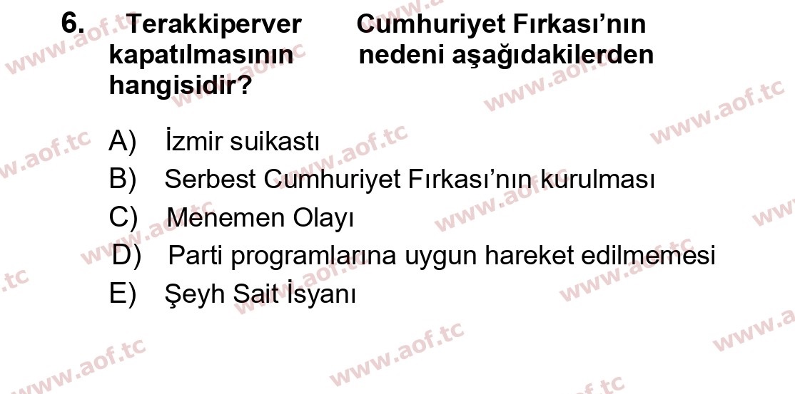 2022 Atatürk İlkeleri ve İnkılap Tarihi 1 Yaz Okulu 6. Çıkmış Sınav Sorusu