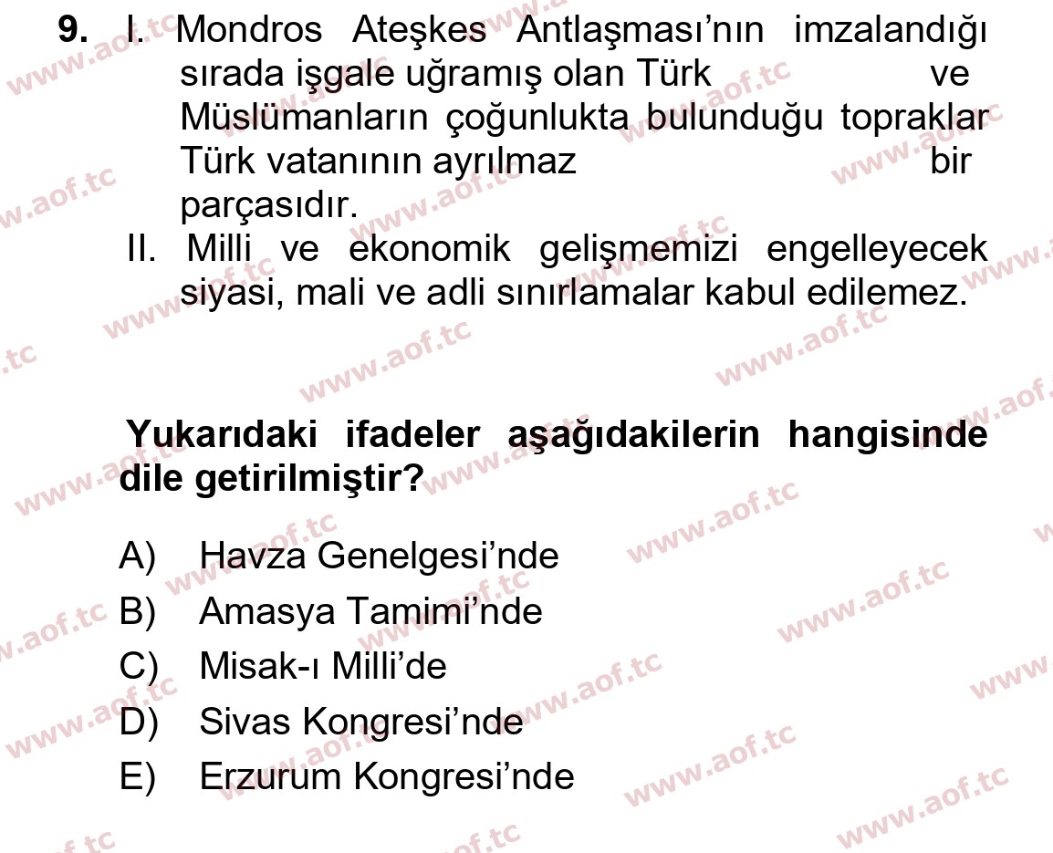 2022 Atatürk İlkeleri ve İnkılap Tarihi 1 Yaz Okulu 9. Çıkmış Sınav Sorusu