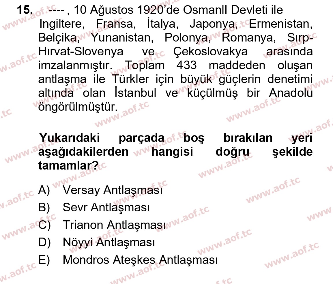 2023 Atatürk İlkeleri ve İnkılap Tarihi 1 Final 15. Çıkmış Sınav Sorusu