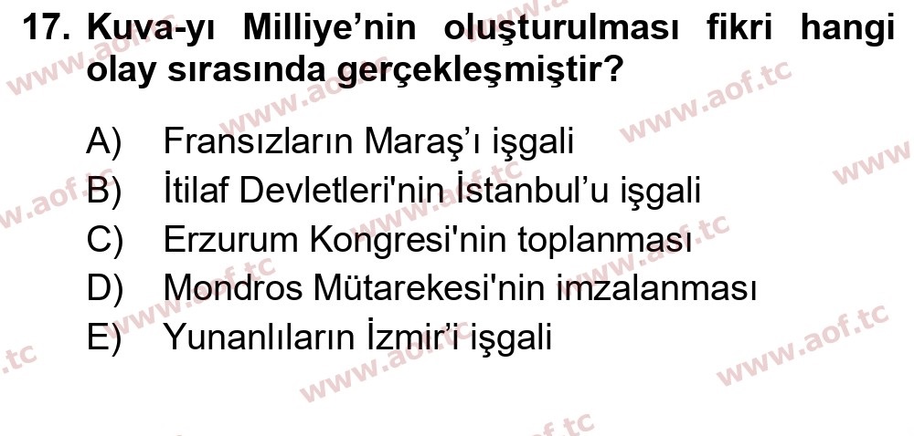 2023 Atatürk İlkeleri ve İnkılap Tarihi 1 Yaz Okulu 17. Çıkmış Sınav Sorusu