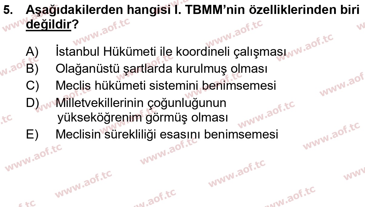 2023 Atatürk İlkeleri ve İnkılap Tarihi 1 Yaz Okulu 5. Çıkmış Sınav Sorusu