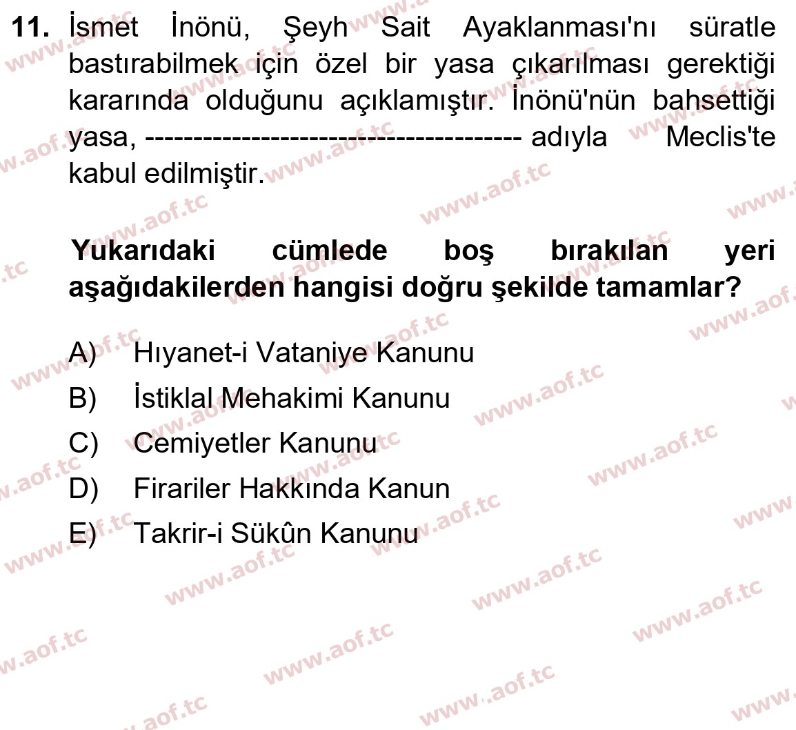 2024 Atatürk İlkeleri ve İnkılap Tarihi 1 Final 11. Çıkmış Sınav Sorusu