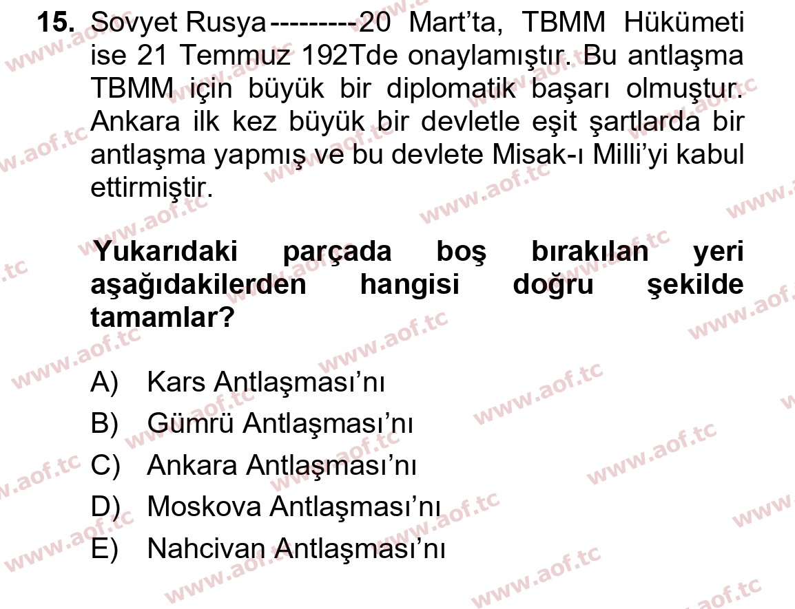 2024 Atatürk İlkeleri ve İnkılap Tarihi 1 Final 15. Çıkmış Sınav Sorusu