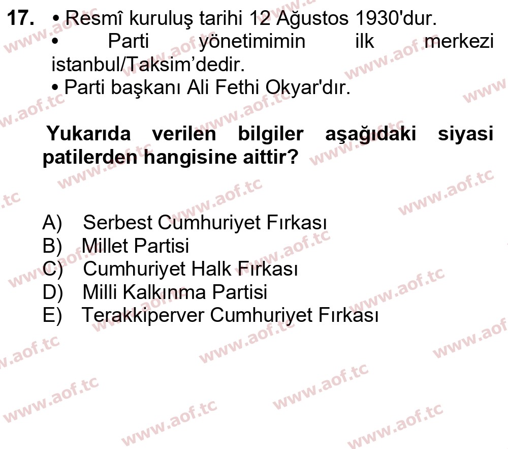 2024 Atatürk İlkeleri ve İnkılap Tarihi 1 Final 17. Çıkmış Sınav Sorusu