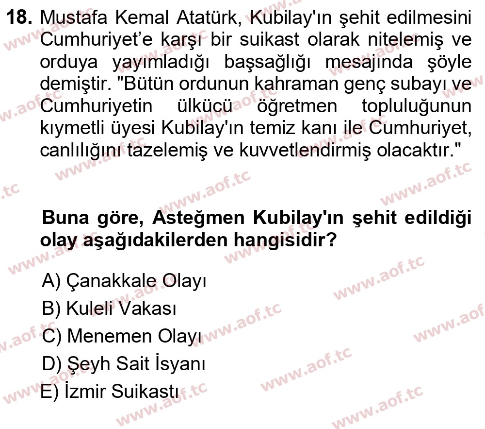 2024 Atatürk İlkeleri ve İnkılap Tarihi 1 Final 18. Çıkmış Sınav Sorusu