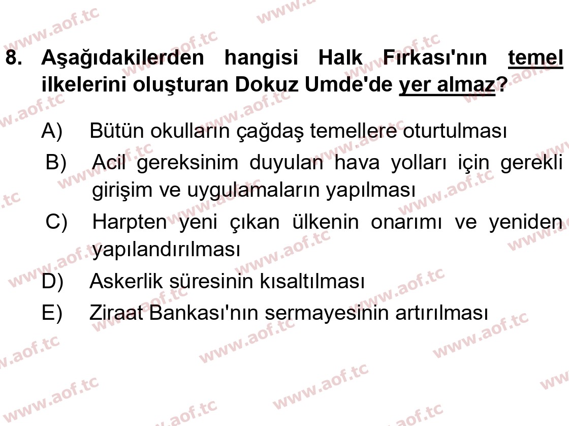 2024 Atatürk İlkeleri ve İnkılap Tarihi 1 Final 8. Çıkmış Sınav Sorusu