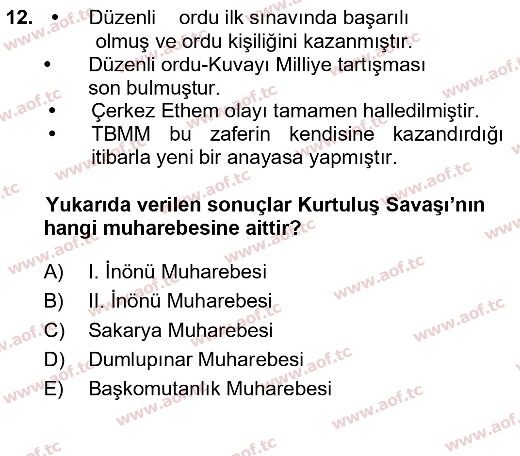 2024 Atatürk İlkeleri ve İnkılap Tarihi 1 Yaz Okulu 12. Çıkmış Sınav Sorusu