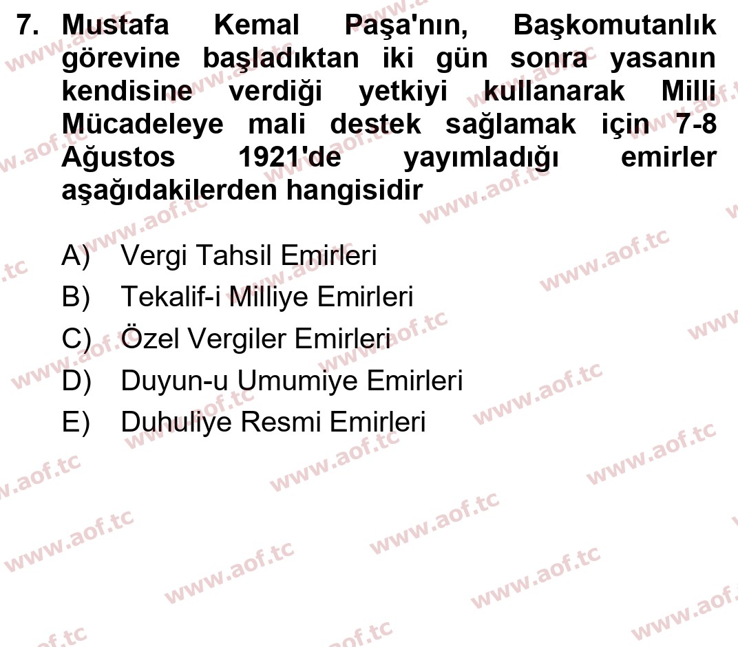 2024 Atatürk İlkeleri ve İnkılap Tarihi 1 Yaz Okulu 7. Çıkmış Sınav Sorusu