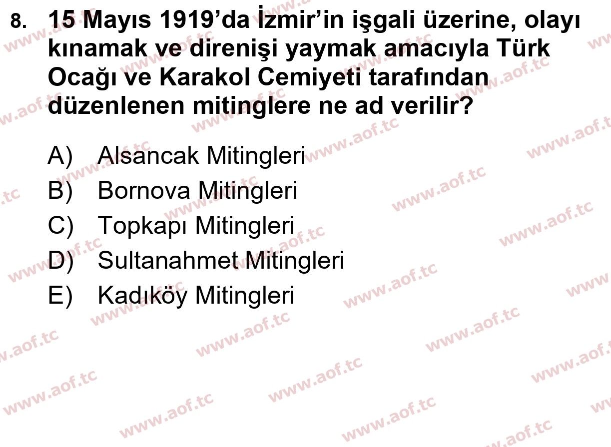 2024 Atatürk İlkeleri ve İnkılap Tarihi 1 Yaz Okulu 8. Çıkmış Sınav Sorusu
