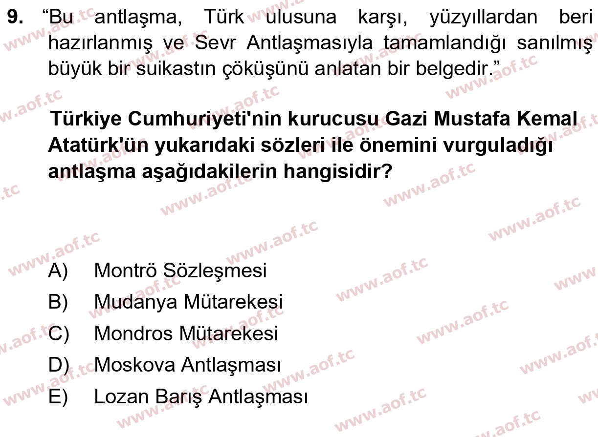 2024 Atatürk İlkeleri ve İnkılap Tarihi 1 Yaz Okulu 9. Çıkmış Sınav Sorusu