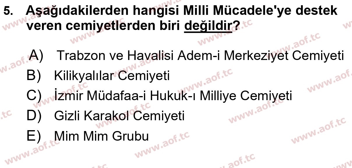 2025 Atatürk İlkeleri ve İnkılap Tarihi 1 Yaz Okulu 5. Çıkmış Sınav Sorusu