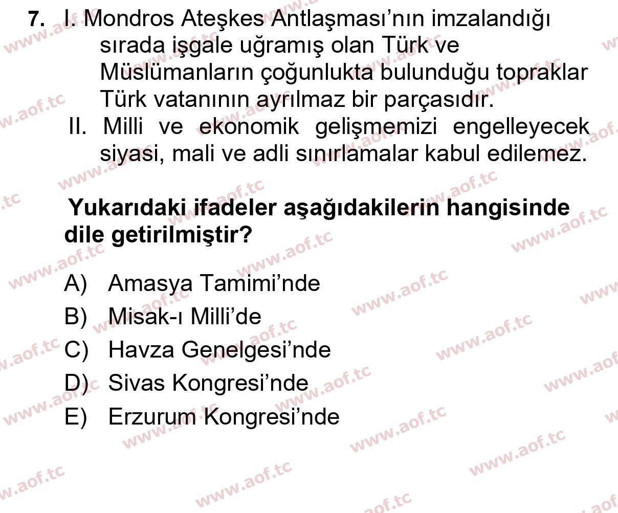 2025 Atatürk İlkeleri ve İnkılap Tarihi 1 Yaz Okulu 7. Çıkmış Sınav Sorusu