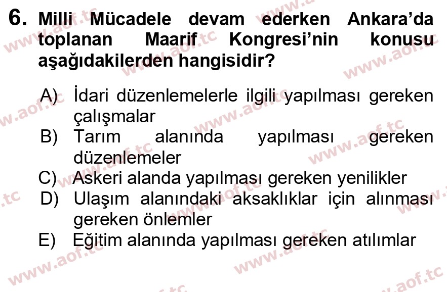 2020 Atatürk İlkeleri ve İnkılap Tarihi 2 Arasınav 6. Çıkmış Sınav Sorusu