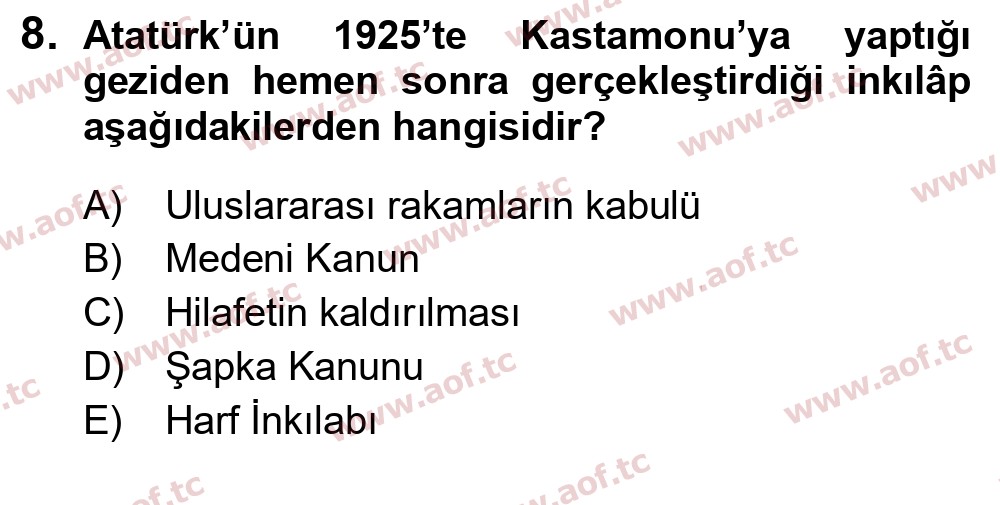 2020 Atatürk İlkeleri ve İnkılap Tarihi 2 Arasınav 8. Çıkmış Sınav Sorusu