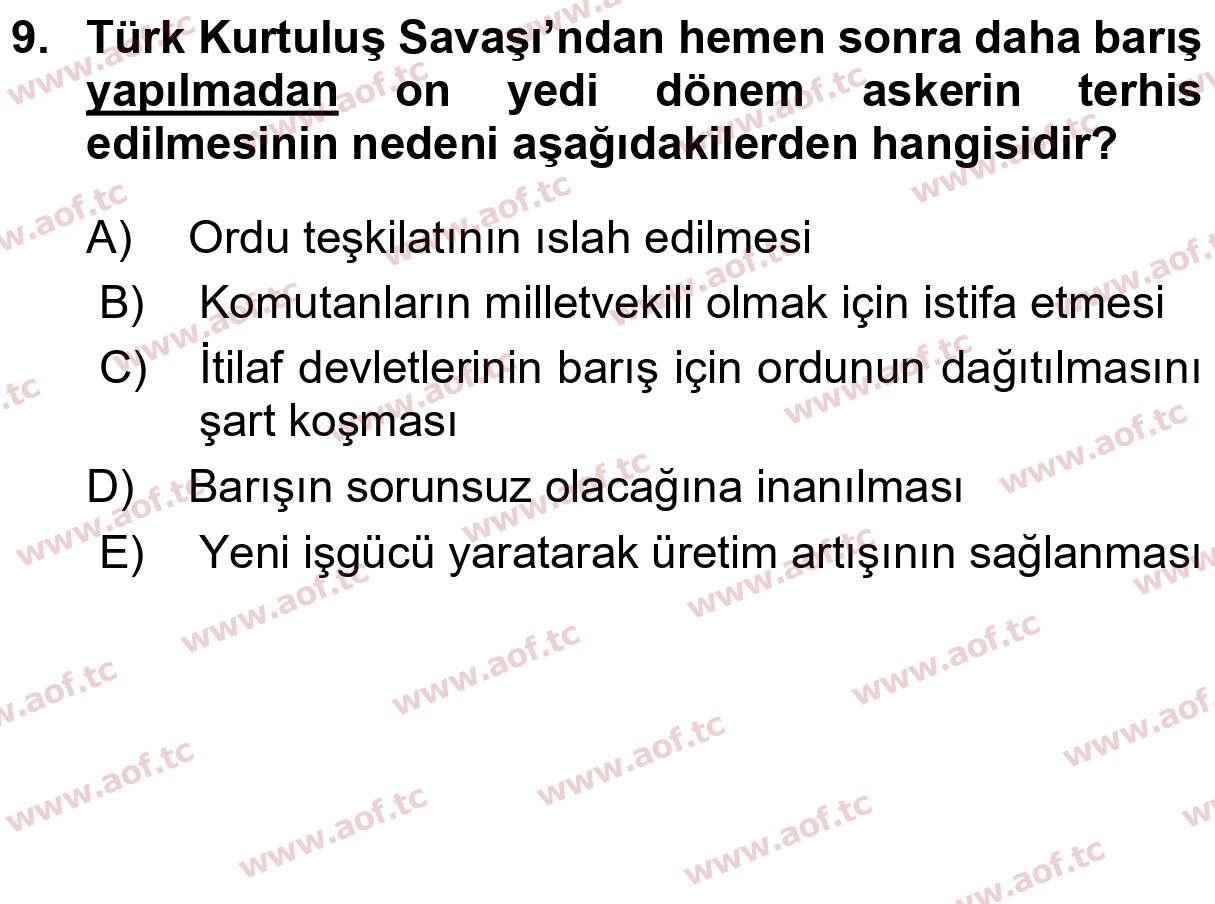 2020 Atatürk İlkeleri ve İnkılap Tarihi 2 Arasınav 9. Çıkmış Sınav Sorusu