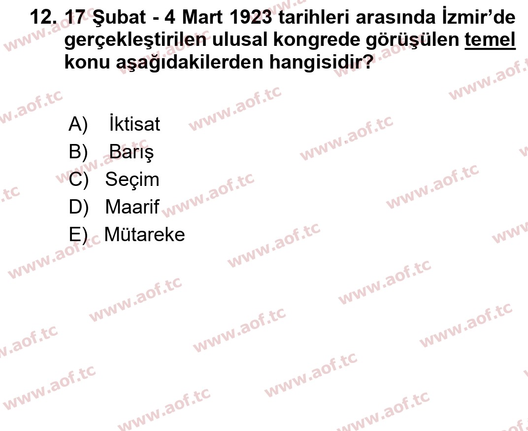 2023 Atatürk İlkeleri ve İnkılap Tarihi 2 Arasınav 12. Çıkmış Sınav Sorusu