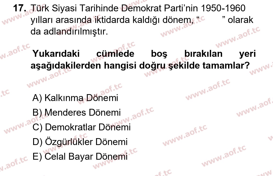 2023 Atatürk İlkeleri ve İnkılap Tarihi 2 Arasınav 17. Çıkmış Sınav Sorusu