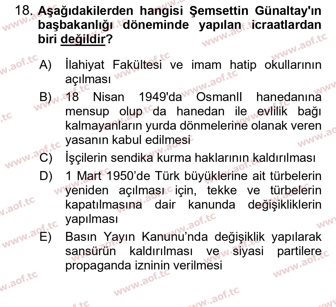 2024 Atatürk İlkeleri ve İnkılap Tarihi 2 Arasınav 18. Çıkmış Sınav Sorusu