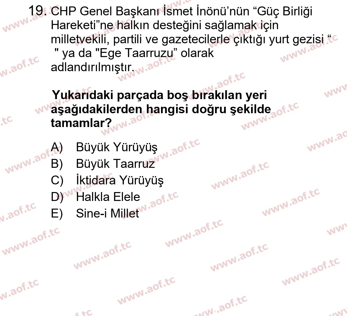 2024 Atatürk İlkeleri ve İnkılap Tarihi 2 Arasınav 19. Çıkmış Sınav Sorusu