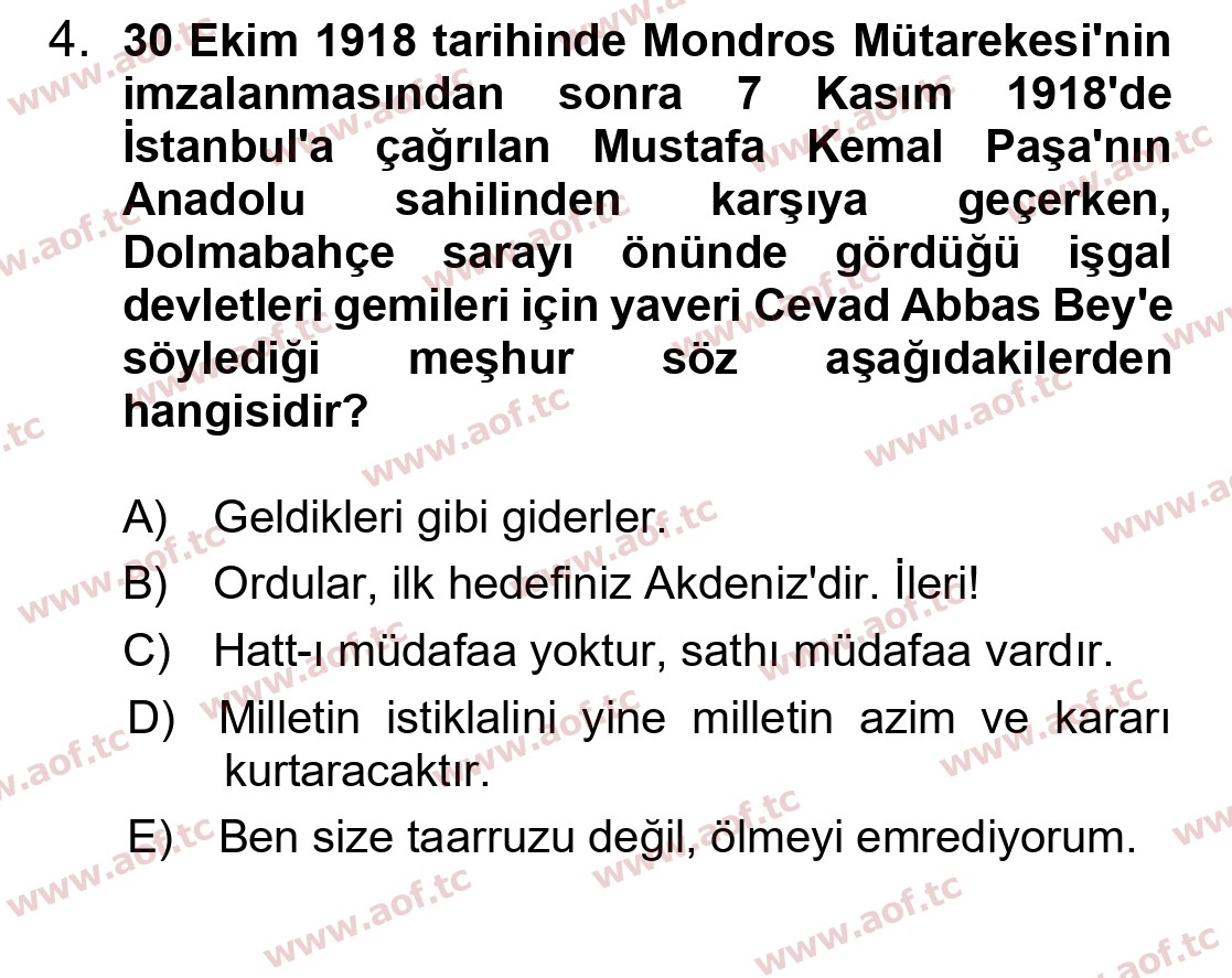 2024 Atatürk İlkeleri ve İnkılap Tarihi 2 Arasınav 4. Çıkmış Sınav Sorusu