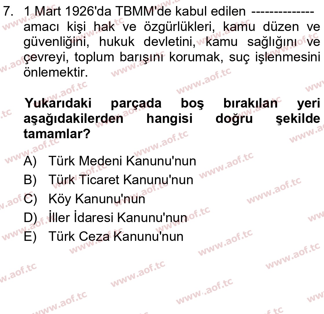 2024 Atatürk İlkeleri ve İnkılap Tarihi 2 Arasınav 7. Çıkmış Sınav Sorusu