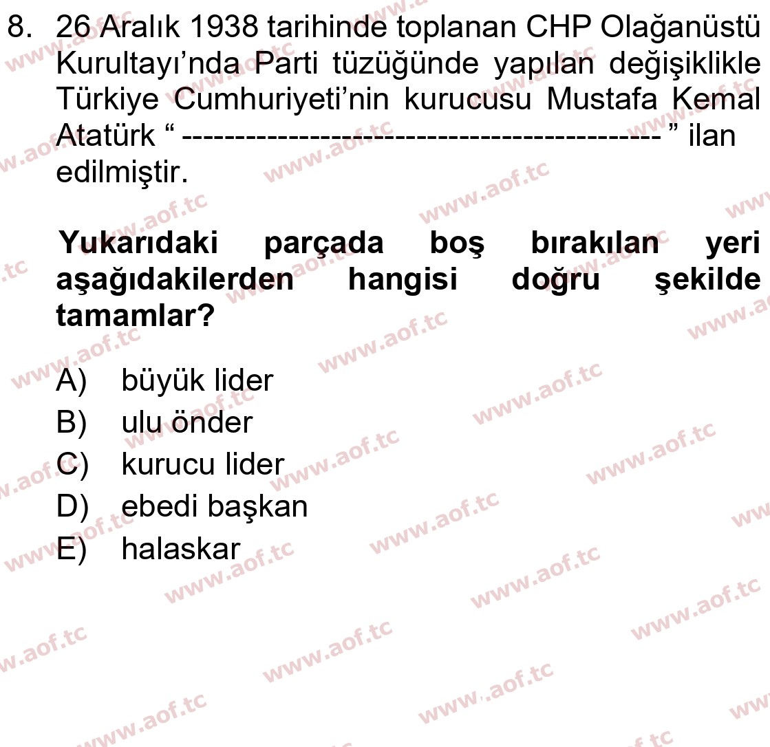 2024 Atatürk İlkeleri ve İnkılap Tarihi 2 Arasınav 8. Çıkmış Sınav Sorusu