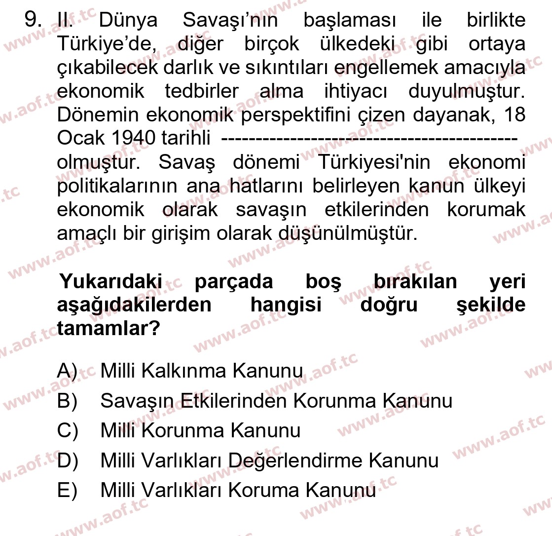 2024 Atatürk İlkeleri ve İnkılap Tarihi 2 Arasınav 9. Çıkmış Sınav Sorusu
