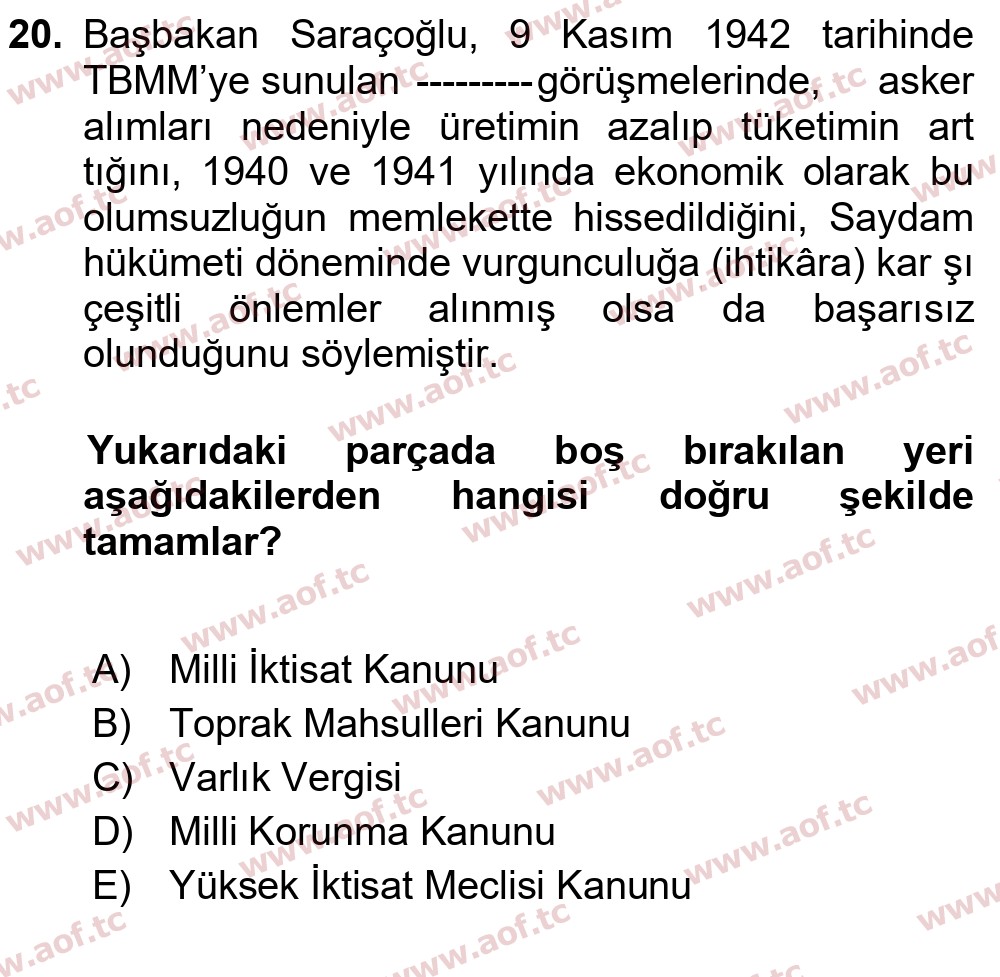 2025 Atatürk İlkeleri ve İnkılap Tarihi 2 Arasınav 20. Çıkmış Sınav Sorusu