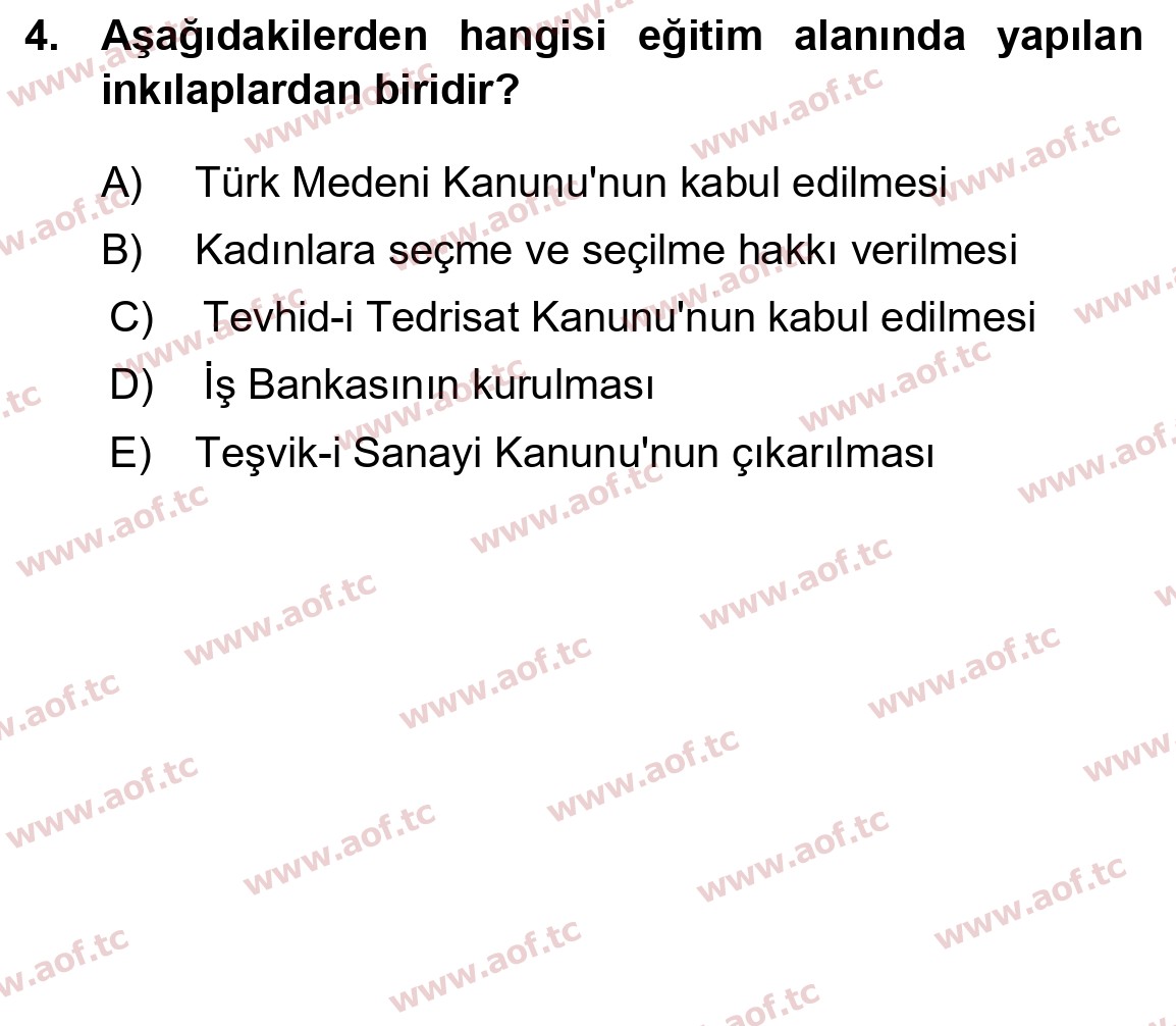 2025 Atatürk İlkeleri ve İnkılap Tarihi 2 Arasınav 4. Çıkmış Sınav Sorusu